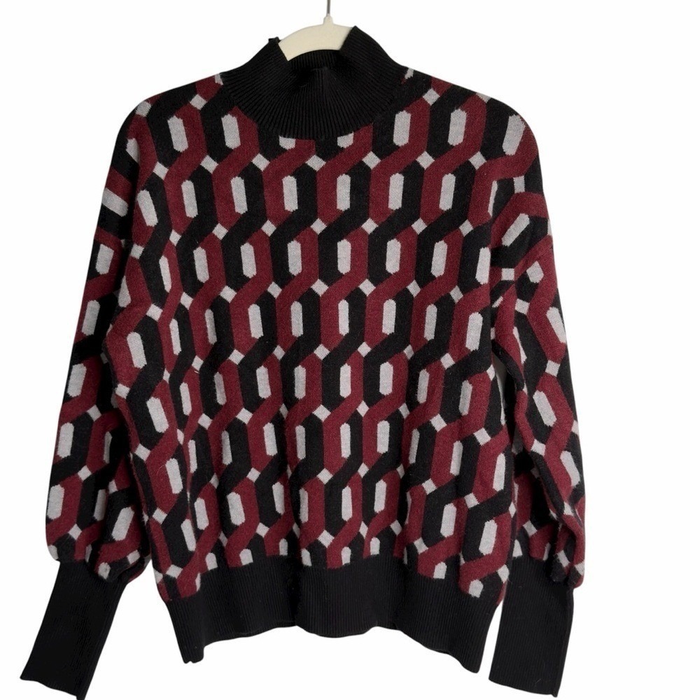 Christian Siriano Black Red Geometric Mock Neck Sweater Womens XL Long Sleeve - Picture 3 of 10